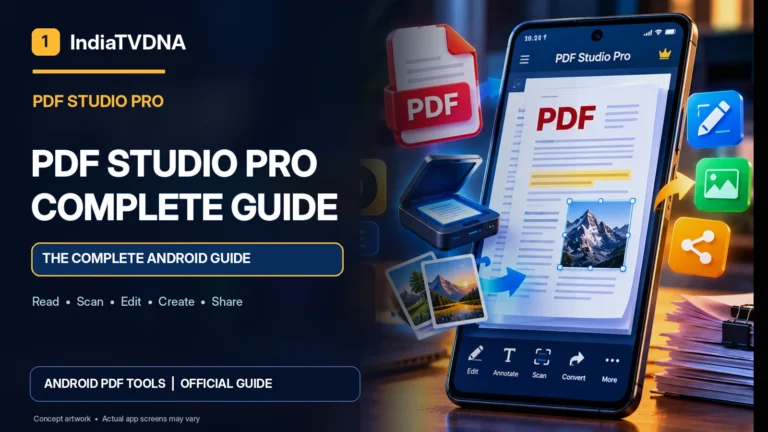 AajTakDNA illustrated tutorial cover: PDF Studio Pro Android Guide: Scanning, Editing and Saving PDFs
